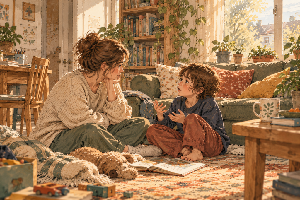 Mother sitting on the living room floor, calmly listening to her young son as he shares his feelings, surrounded by books, toys, and warm afternoon sunlight.