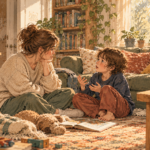 Mother sitting on the living room floor, calmly listening to her young son as he shares his feelings, surrounded by books, toys, and warm afternoon sunlight.