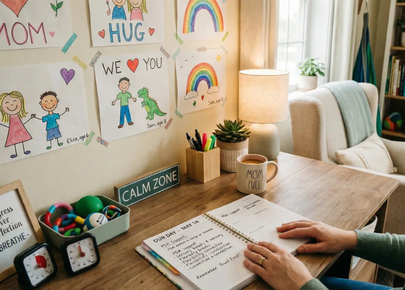 woman sitting at desk with kids drawings on wall and parenting resources on table
