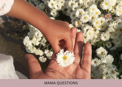 A child places a white daisy in an adult’s open hand beside a patch of flowers.