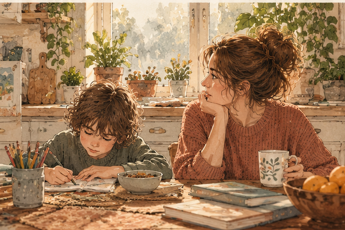 A mother watches her child draw at the kitchen table during a quiet moment together.