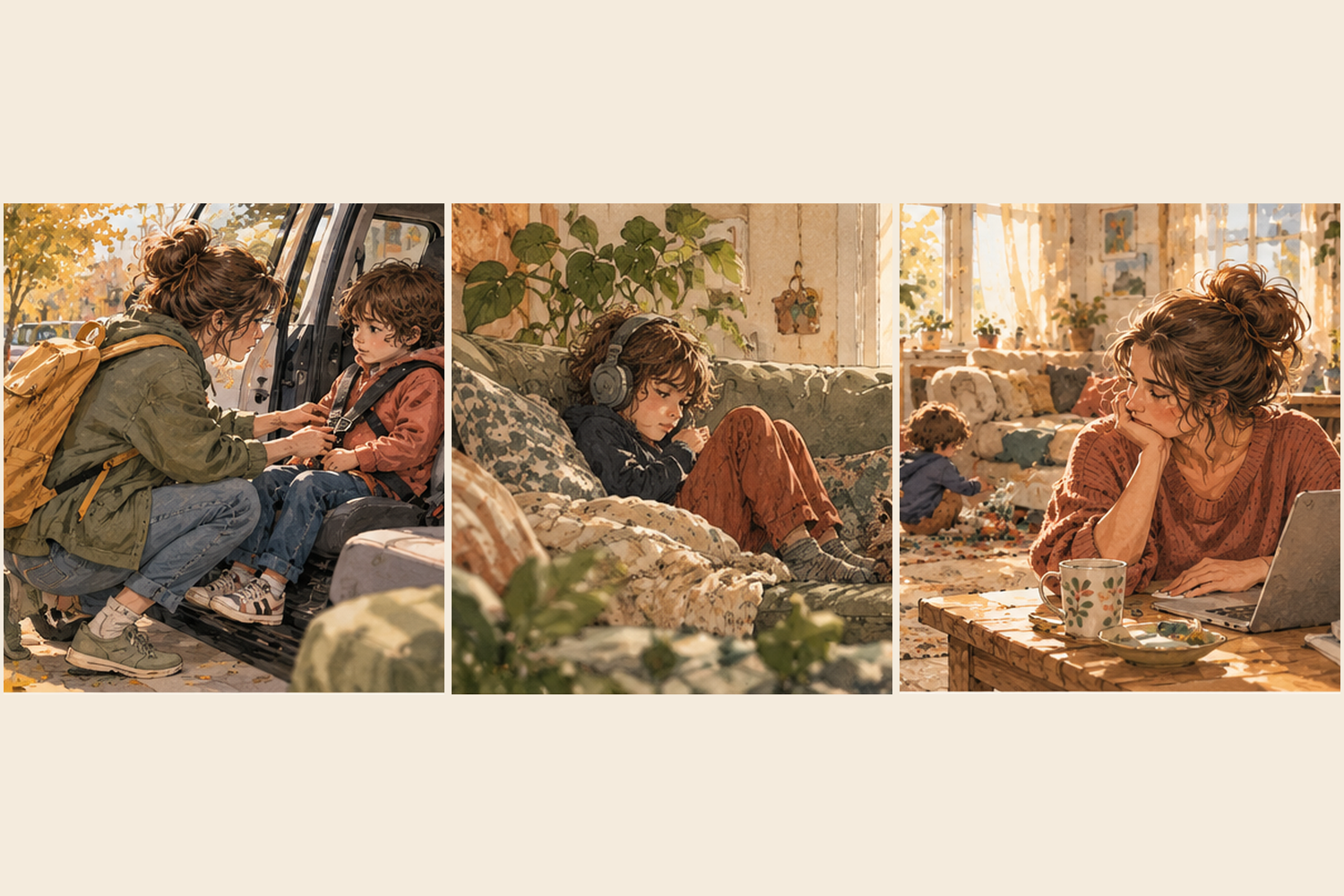 Three scenes show a parent helping a child buckle into a car seat, a child relaxing on a sofa with headphones, and a mother working at home.