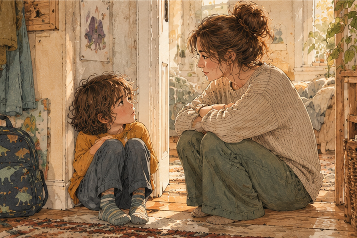A mother and child sit face to face on the floor in a quiet conversation at home.