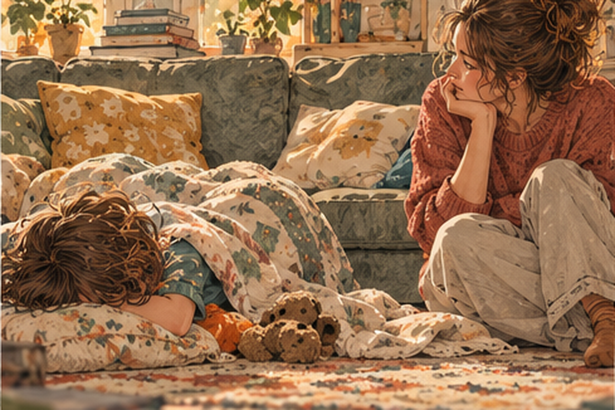 A child lies face down on a couch while his mother sits nearby and gives him space.