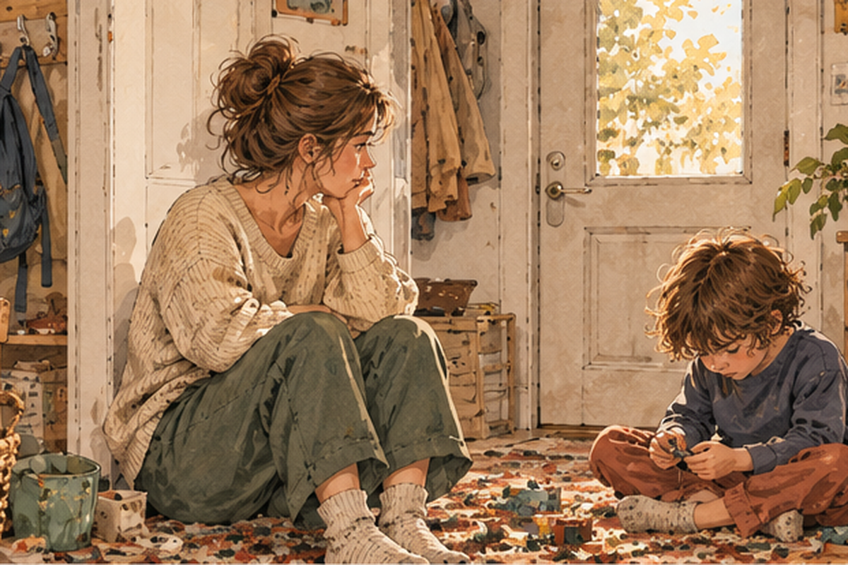 A mother sits by a doorway while her child plays quietly nearby.