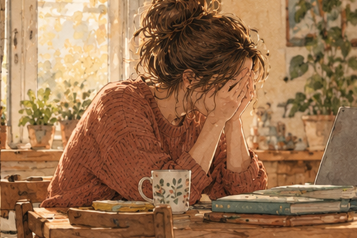 A tired mother rests her face in her hands at a table with a mug, books, and a laptop.