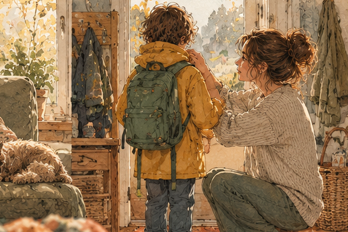A mother crouches beside her backpack-wearing child at the doorway.