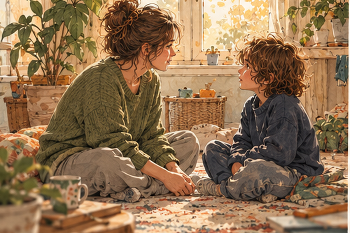 A mother and child sit facing each other on the floor, sharing a quiet moment together.