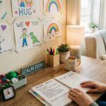 Hands resting on a parenting planner at a desk beneath children’s drawings.